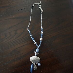 Chico's Beaded Statement Necklace Adjustable Blue Stone Silver Tone Artisan Boho